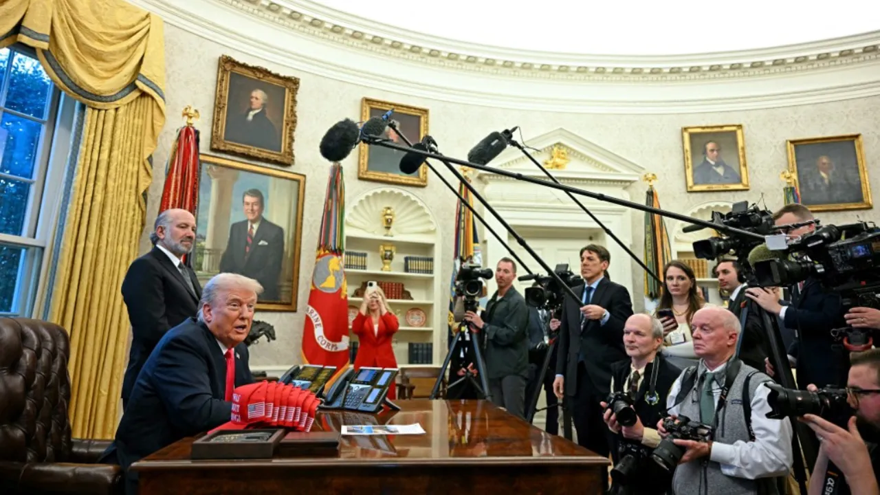  US President Donald Trump speaks to the press at the Oval Office of the White House in Washington, DC on February 25, 2025. Photograph: (AFP) 
