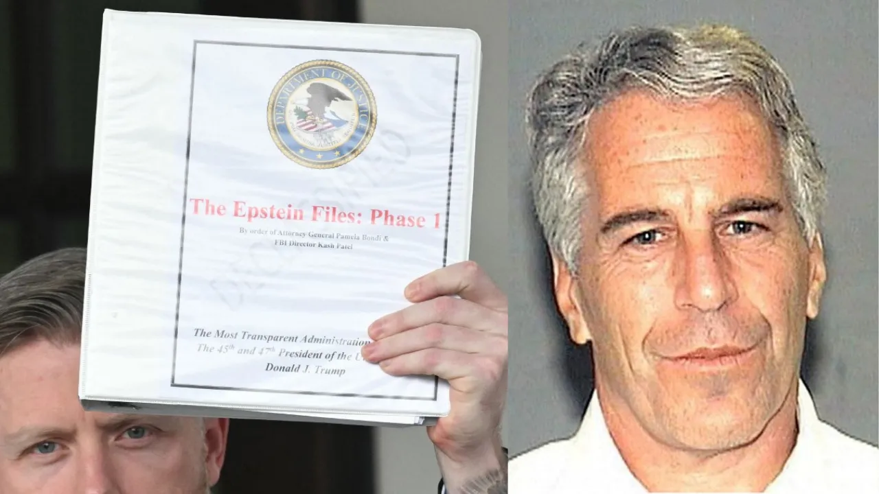  (L) Political commentator Rogan O'Handley, aka DC Draino carrying binders bearing the seal of the US Justice Department reading 'The Epstein Files: Phase 1,' outside White House in Washington, DC, on February 27, 2025. (R) Jeffrey Epstein. Photograph: (Combination created using images from AFP) 