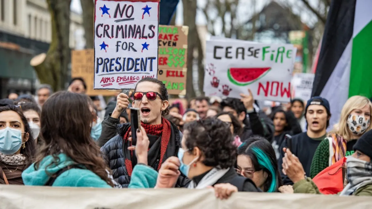  File Photo: Pro-Palestinian demonstrators march during a 'No Votes for Genocide' rally organised by the Boston Coalition for Palestine ahead of the US general election in Boston, US on November 2, 2024. Photograph: (AFP) 