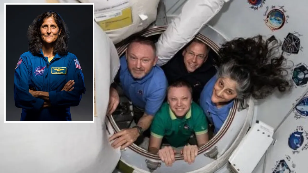  This photo provided by NASA shows the four crew members of NASA’s SpaceX Crew-9 mission, including NASA astronauts Nick Hague, Suni Williams, and Butch Wilmore, along with Roscosmos cosmonaut Aleksandr Gorbunov, posing for a photo aboard the International Space Station on February 26, 2025.  Photograph: (AFP) 
