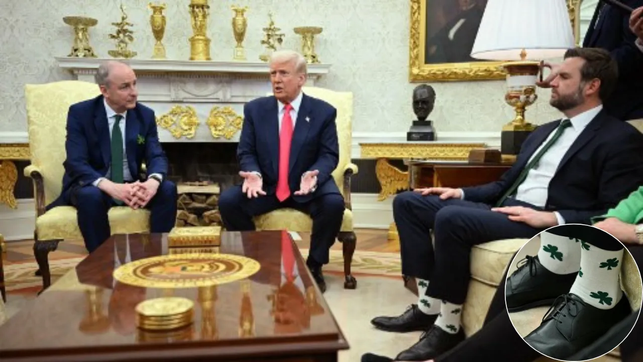  US President Donald Trump (C), with Vice President JD Vance (R), meets with Irish Prime Minister Micheal Martin (L) in the Oval Office of the White House in Washington, DC, on March 12, 2025. Photograph: (AFP) 