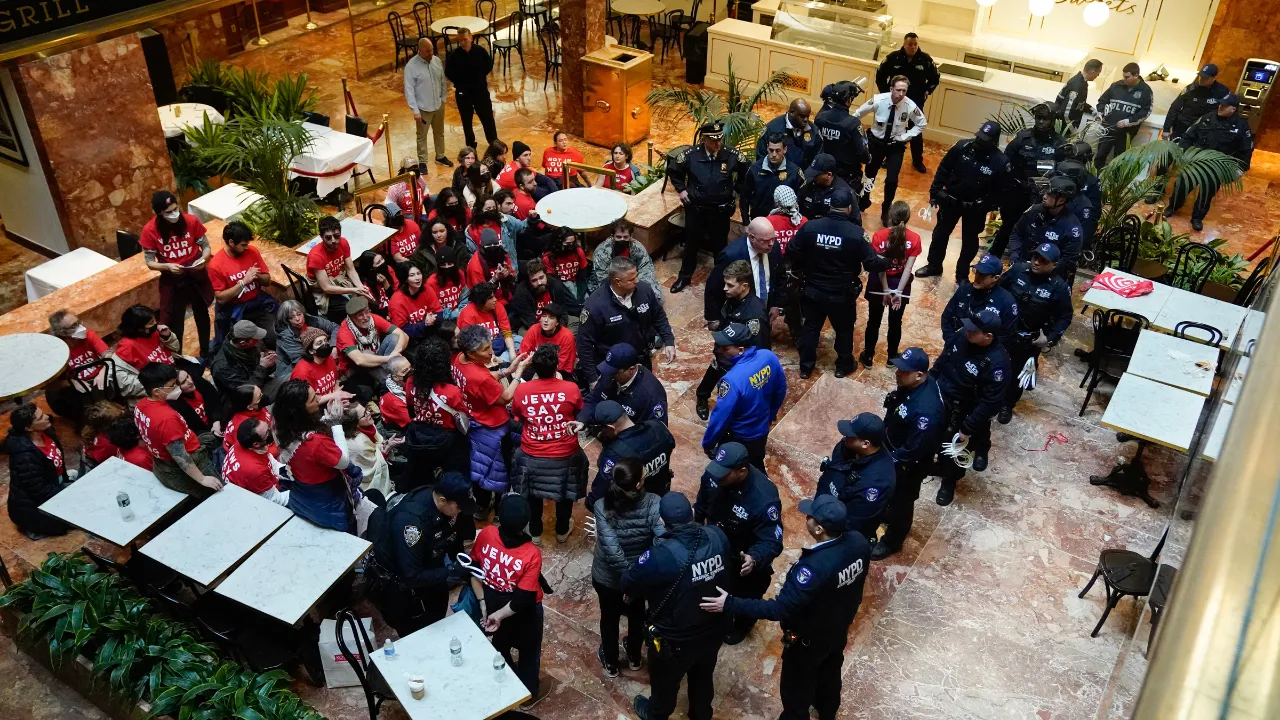  Police said they arrested 98 people, marching under the banner of the group called Jewish Voice for Peace, for crimes including trespassing. Photograph: (AFP) 