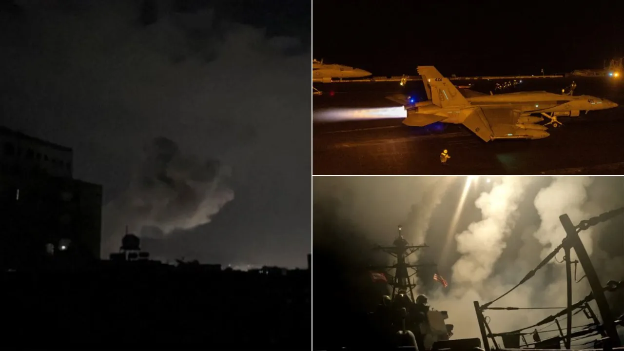  Handout images released by US Central Command (CENTCOM) via X on March 15, 2025 shows CENTCOM forces launching an operation against Huthi targets across Yemen.  Photograph: (AFP) 