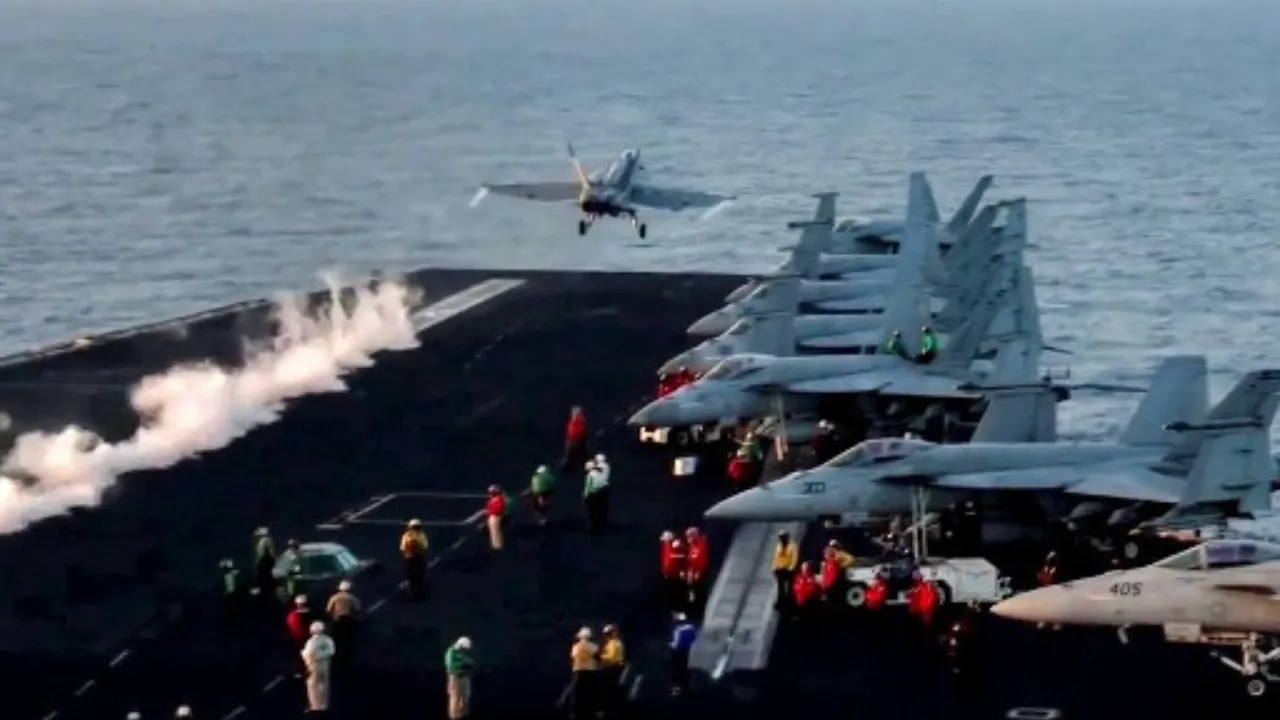  This grab from footage shared by the US Central Command (CENTCOM) on March 15, 2025 shows a US F/A-18 fighter aircraft taking off from an aircraft carrier at sea reportedly amidst operations launched against Houthis in Yemen.  Photograph: (AFP) 