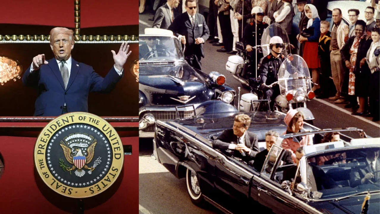  (L) US President Donald Trump stands in the presidential box as he tours the John F. Kennedy Center for the Performing Arts in Washington, DC, on March 17, 2025. (R) President John F. Kennedy in Dallas on November 22, 1963. Photograph: (Combination created using images from AFP and Reuters) 