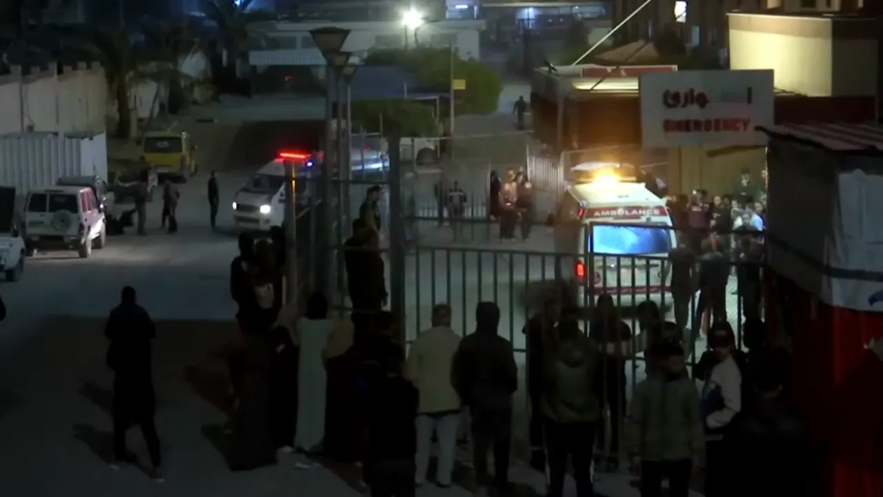  Ambulances were seen racing out of and past Nasser Hospital in Gaza’s Khan Younis on Tuesday Photograph: (Reuters) 