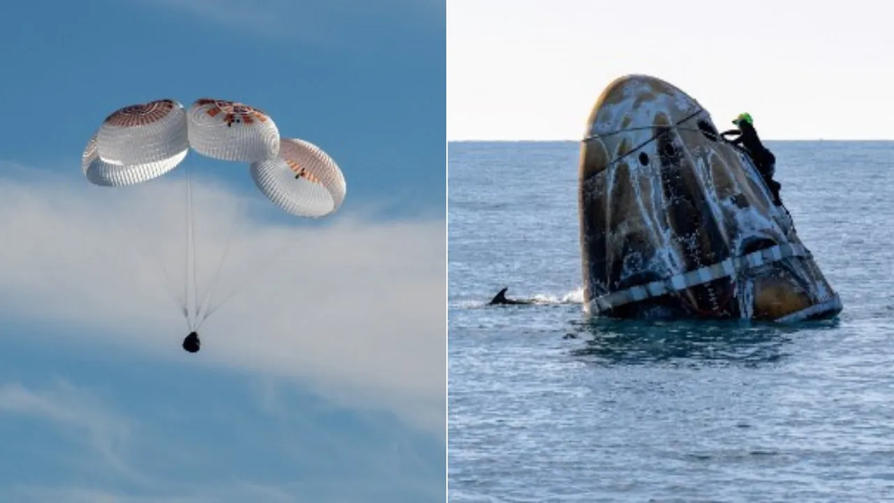  Support teams seen around the SpaceX Dragon spacecraft shortly after it landed with NASA astronauts Nick Hague, Suni Williams, Butch Wilmore, and Roscosmos cosmonaut Aleksandr Gorbunov aboard in the water off the coast of Tallahassee, Florida, on March 18, 2025. Photograph: (AFP (Provided by NASA)) 