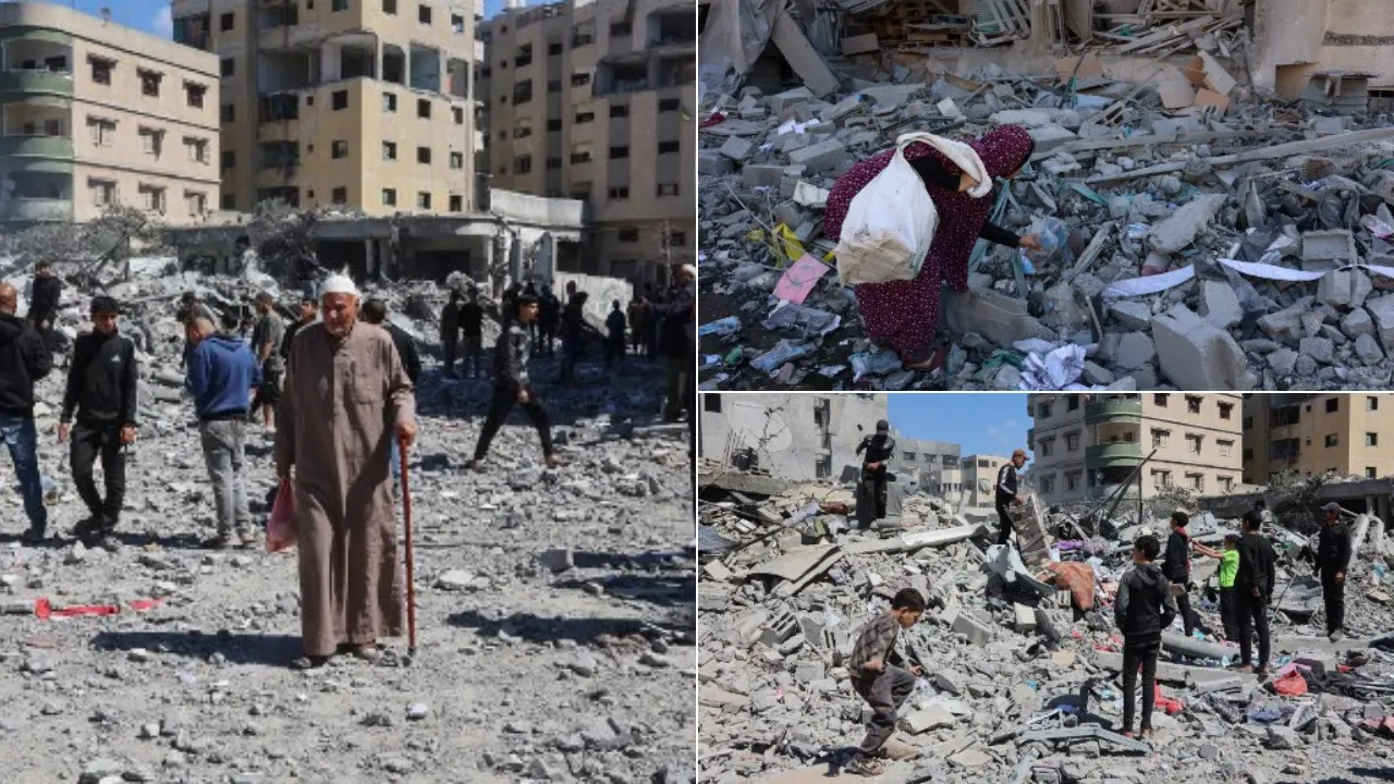  Palestinians inspect the rubble after it was destroyed in an Israeli strike in al-Sabra neighbourhood in Gaza City on March 19, 2025. Photograph: (AFP) 