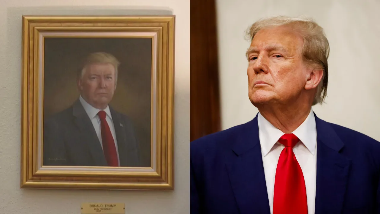  (L) Donald Trump's portrait in Colorado state capitol building, Trump File Photo(R)  Photograph: (Combination created using images from Reuters and Truth Social) 