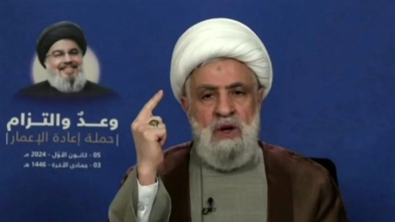  An image grab taken from Hezbollah's Al-Manar TV on December 5, 2024, shows Hezbollah chief Naim Qasem delivering a televised speech from an undisclosed location.  Photograph: (AFP) 