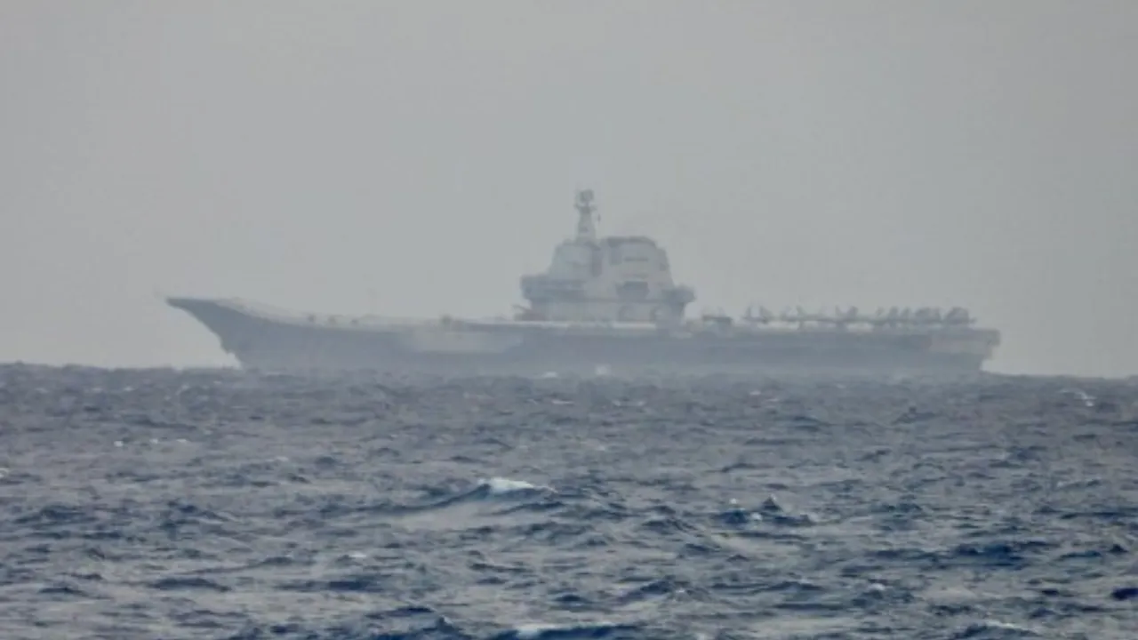  This handout photo taken on March 31, 2025 and released by the Taiwan Defence Ministry on April 1, 2025 shows the Chinese aircraft carrier Shandong sailing in waters off Taiwan. Photograph: (AFP) 