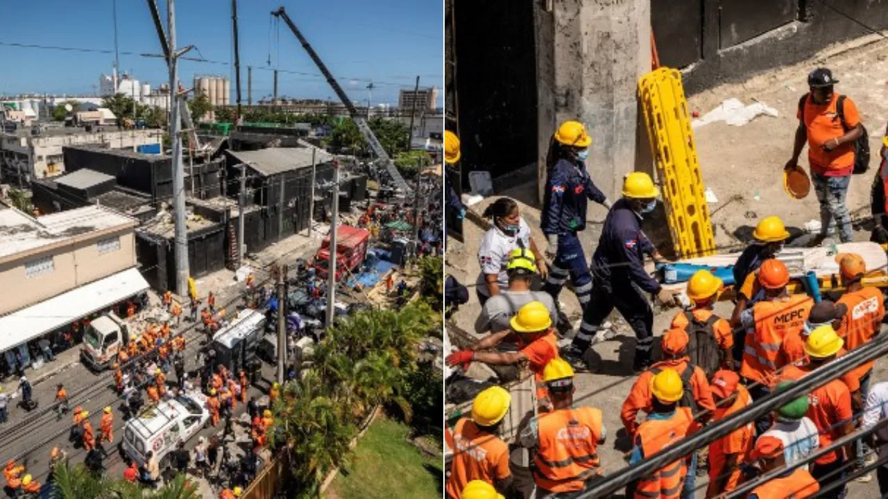  Personnel from civil defense and firefighters work at the Jet Set nightclub following the collapse of its roof in Santo Domingo on April 8, 2025.  Photograph: (AFP) 