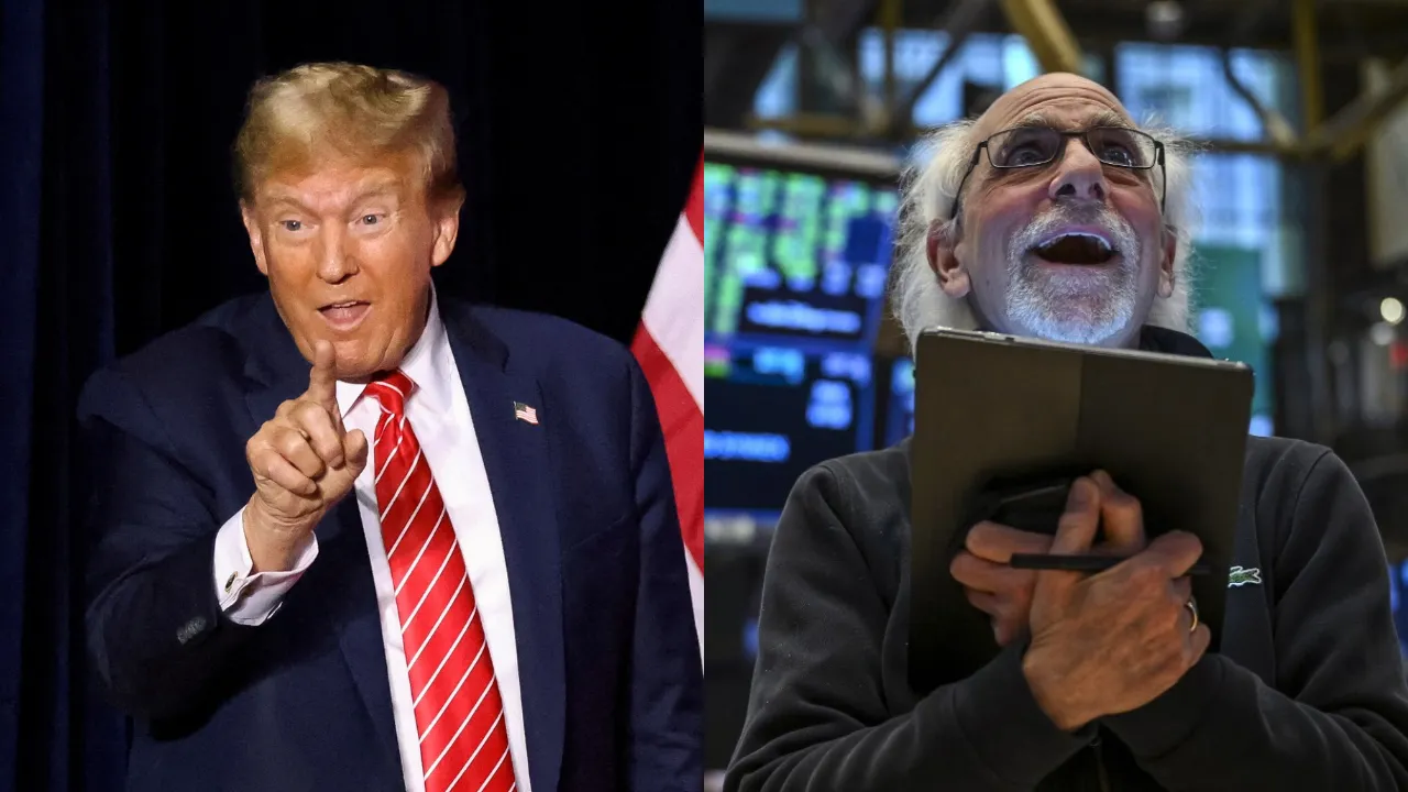  [L] US President Donald Trump. [R] A trader works on the floor of the New York Stock Exchange (NYSE) during afternoon trading on April 9, 2025 in New York.  Photograph: (Combination created using images from AFP) 