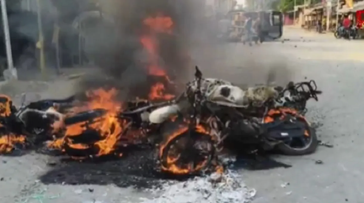 Police motorcycles that were set ablaze by protesters in South 24 Parganas district of West Bengal on Monday. 