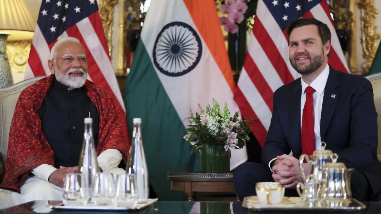 US Vice President JD Vance (R) and Indian Prime Minister Narendra Modi attend a bilateral meeting on the sidelines of the Artificial Intelligence (AI) Action Summit, at the residence of the US Ambassador to France, in Paris, on February 11, 2025.