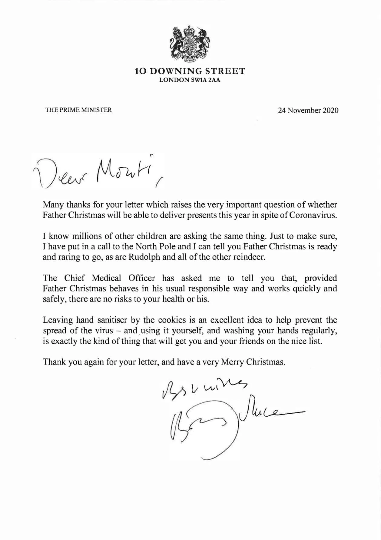 Boris Johnson Santa Clause reply