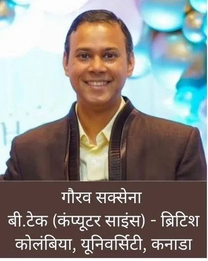 गौरव सक्सेना  बी.टेक (कंप्यूटर साइंस) - ब्रिटिश कोलंबिया, यूनिवर्सिटी, कनाडा 
