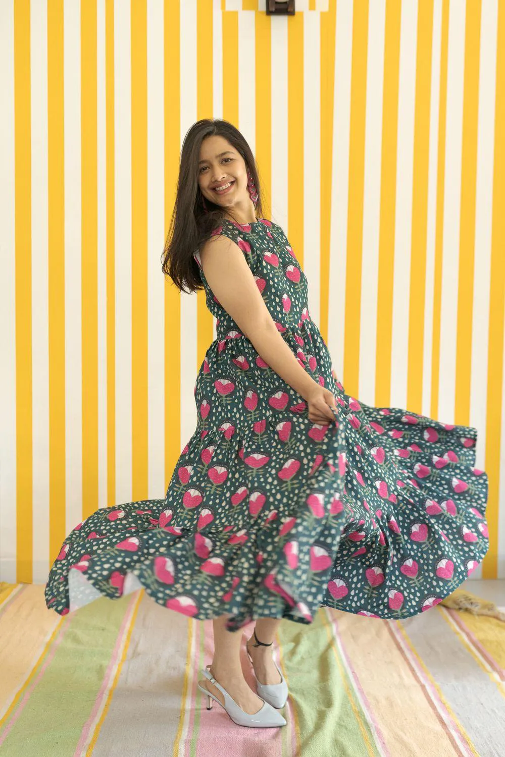 Ladies Pink Floral Faux Tiered A-line Dress  -tznius-fashion-tzniut-modest-Tznius-clothing-online-tznius-Shabbos-clothing-trendy-modest  clothing-frum-clothing-brands-modest-clothing-for-teens-tznius-skirt-tzniut-skirt  – Modest Necessities