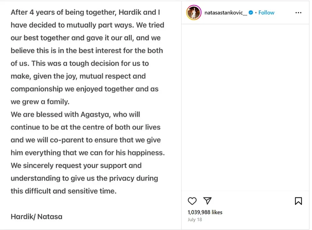 On July 18, Natasha and Hardik Pandya confirmed their separation