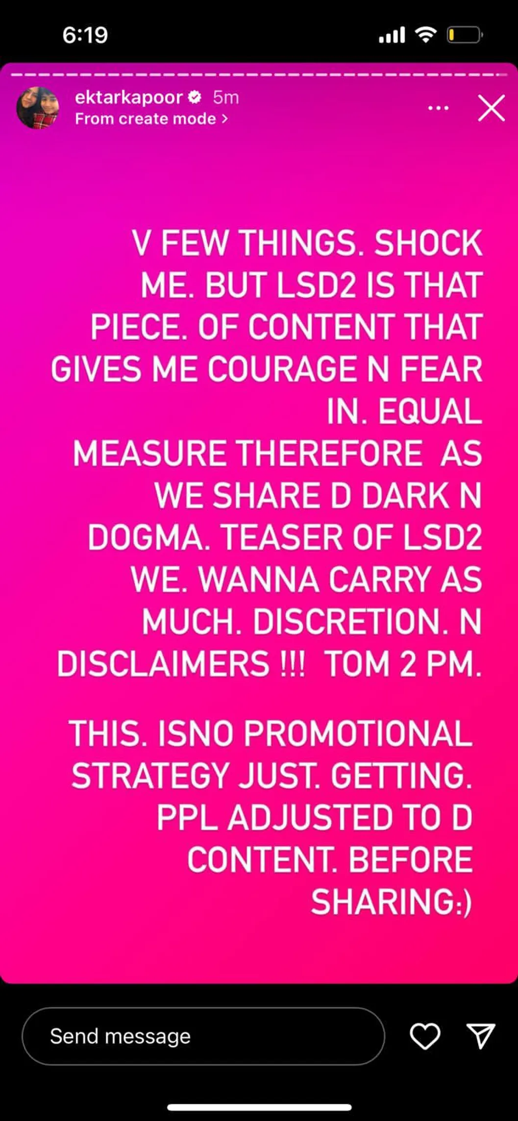 Ahead of the teaser drop, here is a disclaimer from producer Ektaa R Kapoor for Love Sex Aur Dhokha 2, saying, LSD2 IS THAT PIECE. OF CONTENT THAT GIVES ME COURAGE N FEAR IN. EQUAL MEASURE