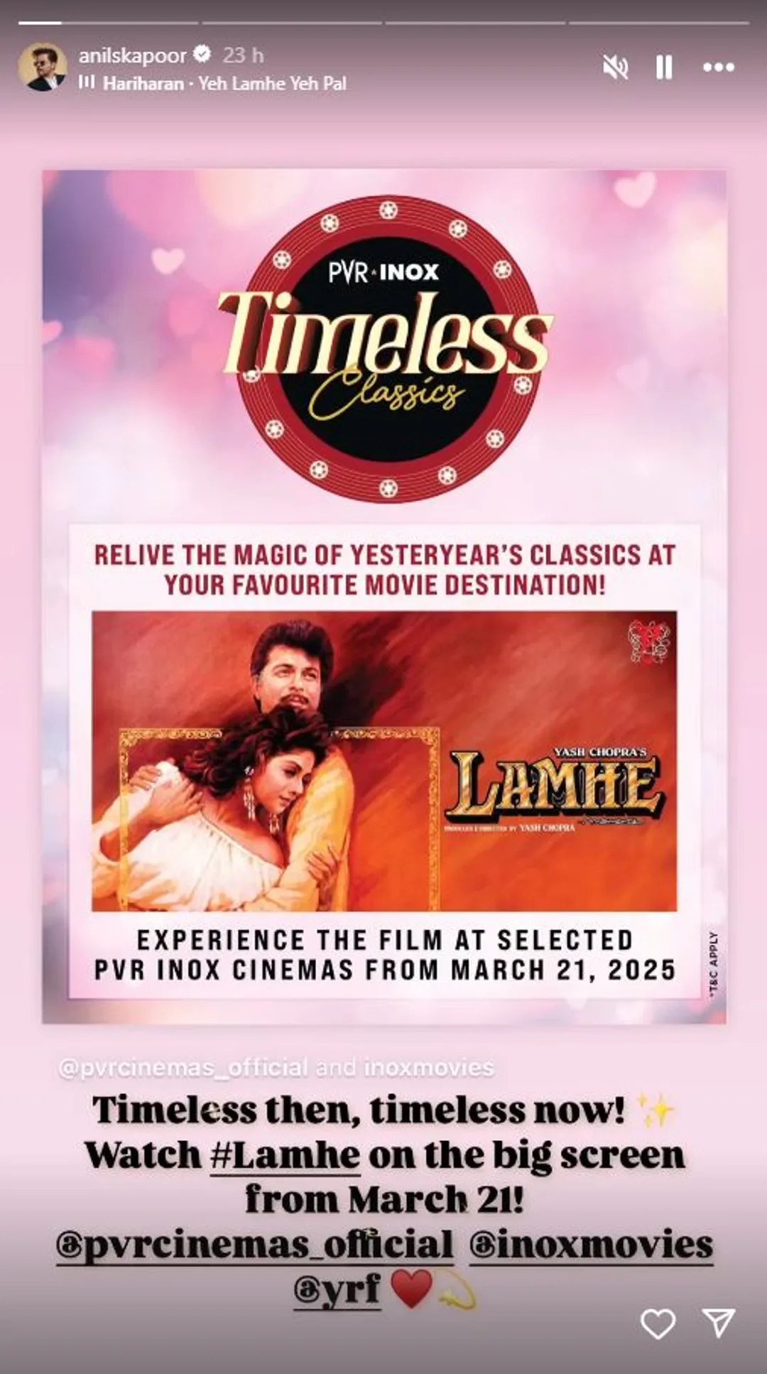 Timeless then, timeless now! Watch #Lamhe on the big screen from March 21!