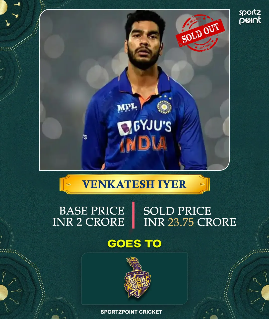 KKR bought back Venkatesh Iyer for a whooping 23.75 cr - sportzpoint.com