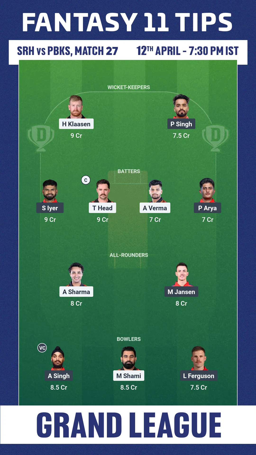 SRH vs PBKS DREAM11 