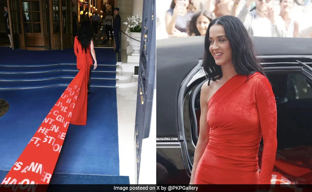 Katy Perry's Red Dress With A Train Printed With Her Song Lyrics For Woman's  World Song Promotions Speaks Volumes About Her Dramatic Style