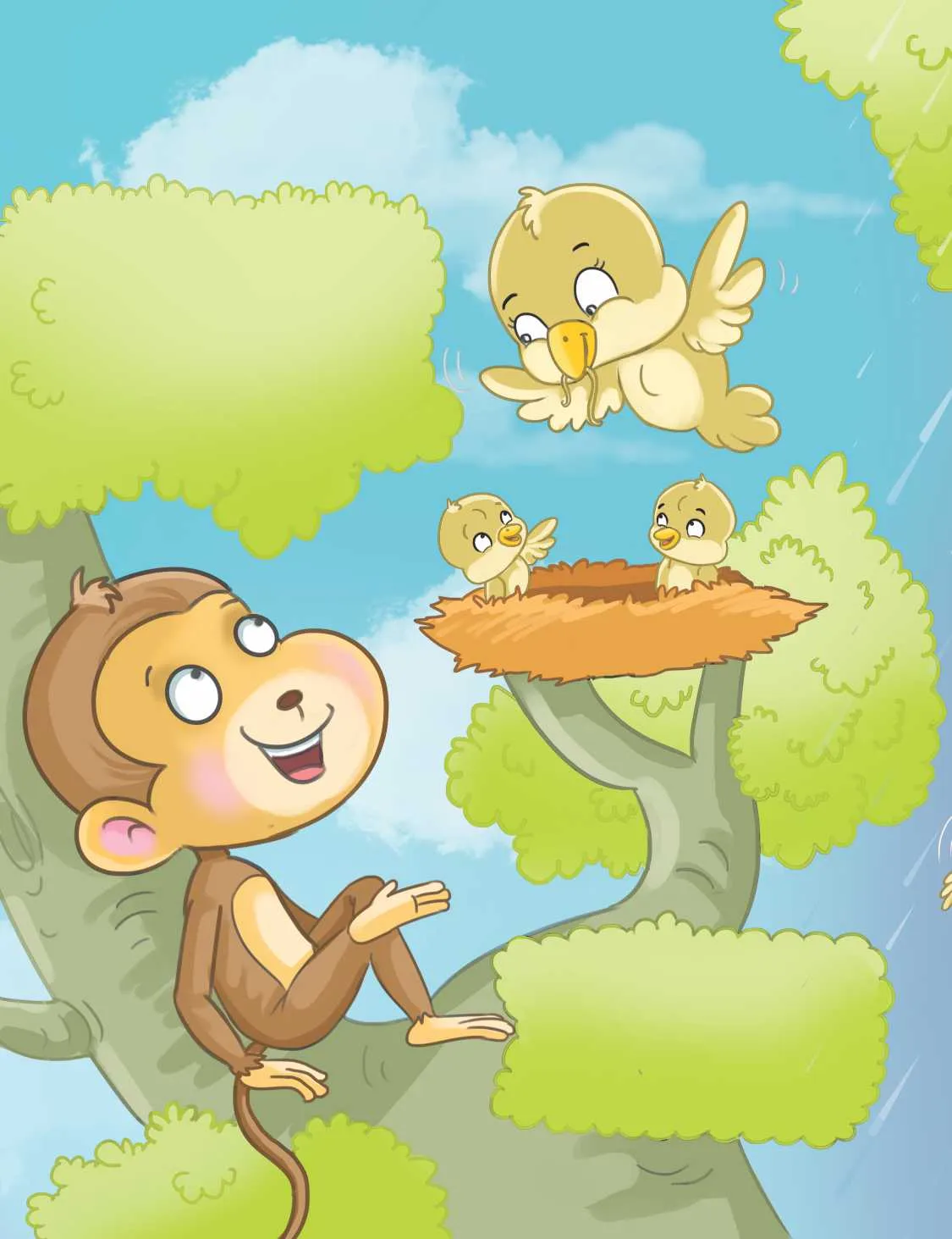 monkey on tree and birds in nest