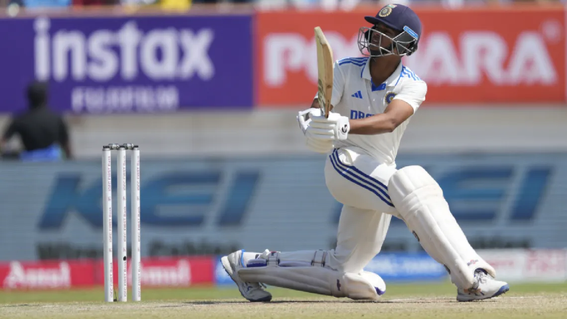 India's Yashasvi Jaiswal plays a shot on the fourth day of the third cricket test match between England and India in Rajkot, India, Sunday, Feb. 18, 2024. (AP Photo)
