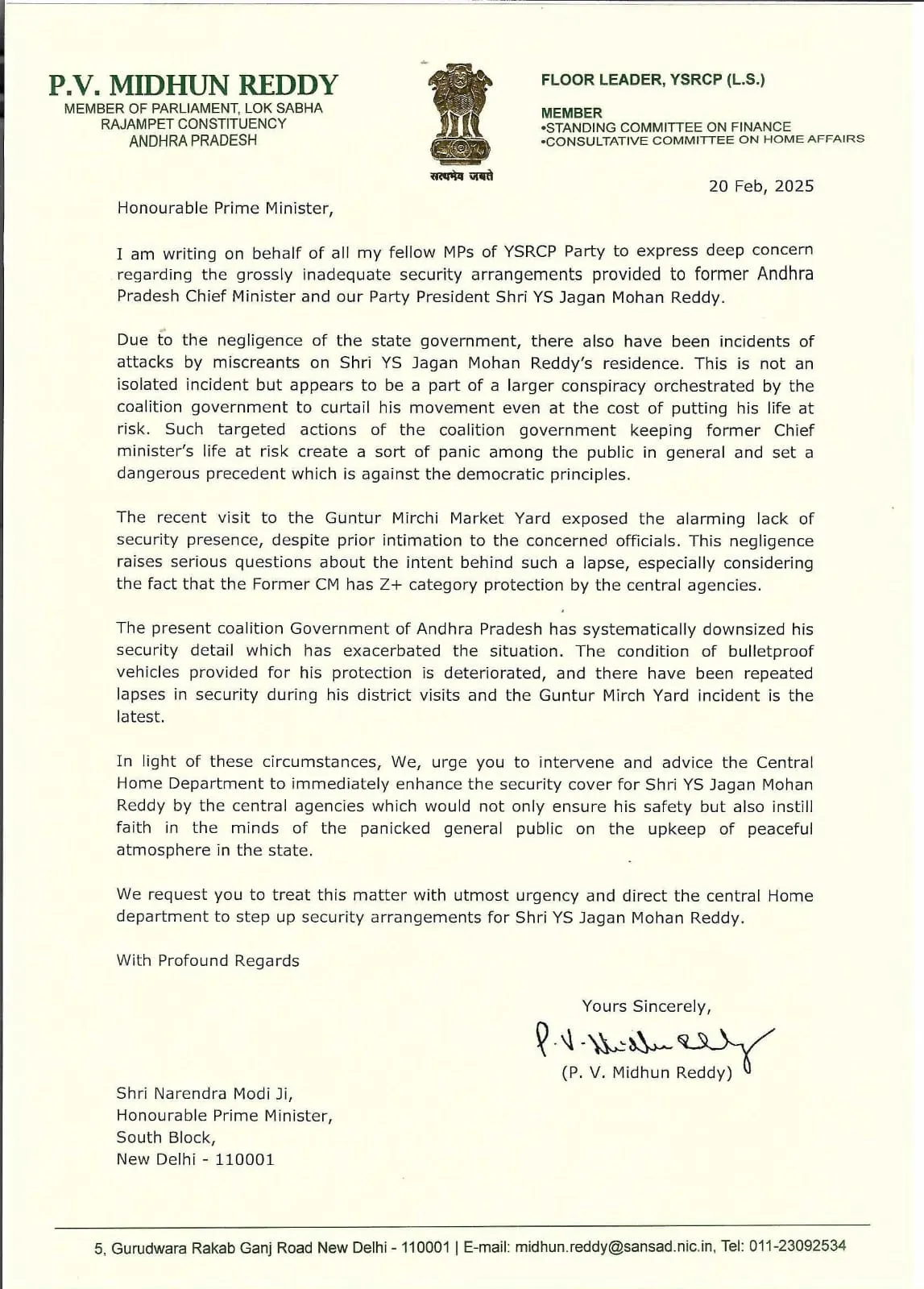 MP Midhun Reddy Letter