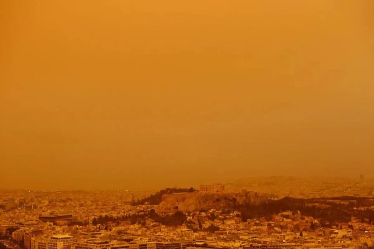 dust cloud from the Sahara Desert in Africa covers the Acropolis on April 23, 2024
