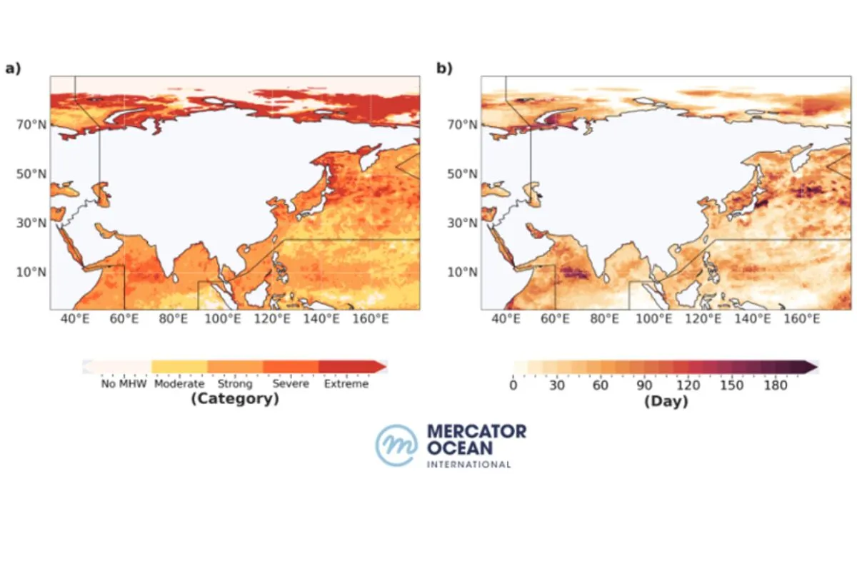 Maximum categories of marine heatwaves and (b) maximum duration of marine heatwaves in 2023.