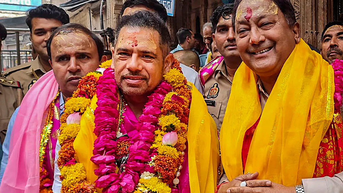 Robert Vadra, husband of Congress leader Priyanka Gandhi Vadra, at Banke Bihari Temple, in Vrindavan, Monday, April 15, 2024