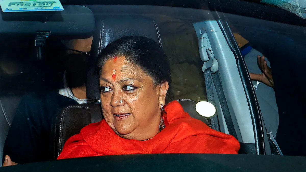 Vasundhara Raje Scindia arrives at party office in Jaipur after her victory in Rajasthan Assembly elections, Sunday, Dec. 3, 2023.