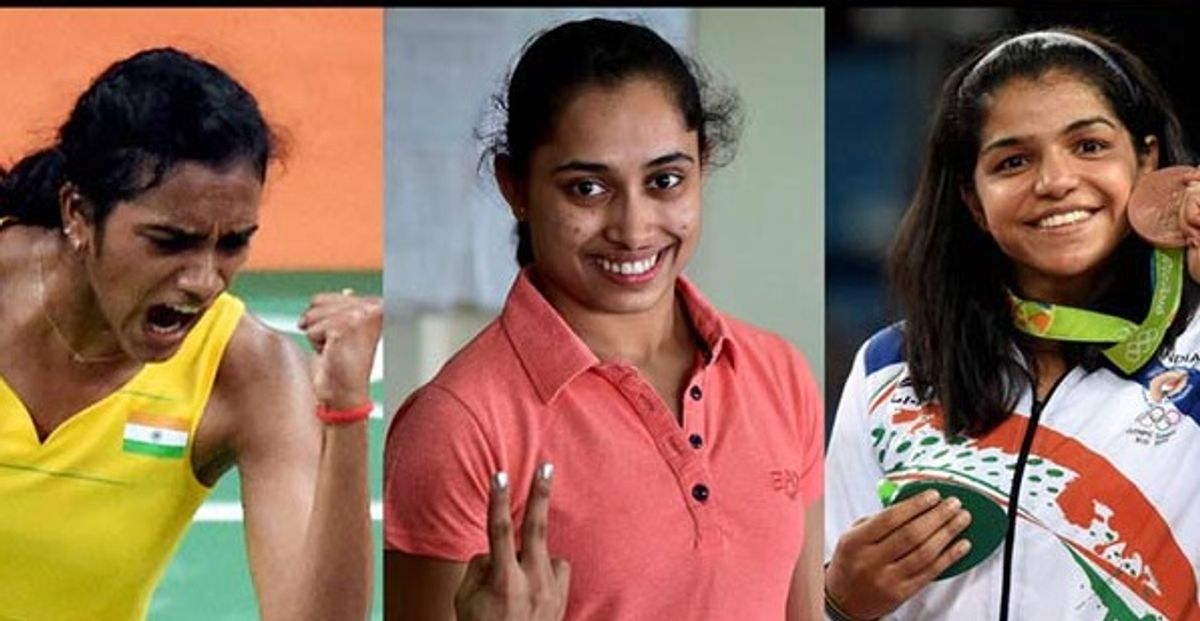 PV Sindhu, Dipa Karmakar and Sakshi Malik receive the Rajiv Gandhi Khel ...