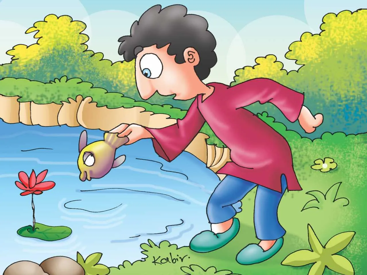 Boy with Fish in hand cartoon image