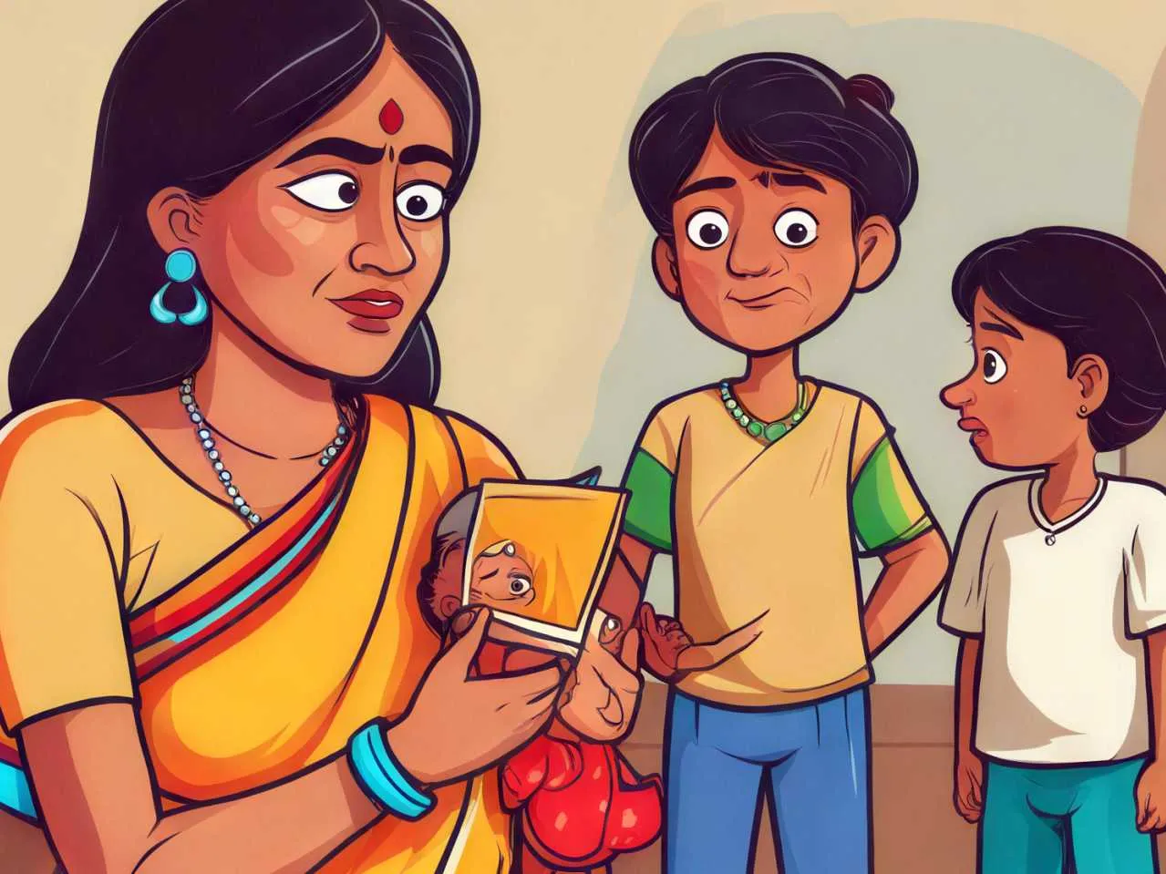 cartoon image of mother with kids