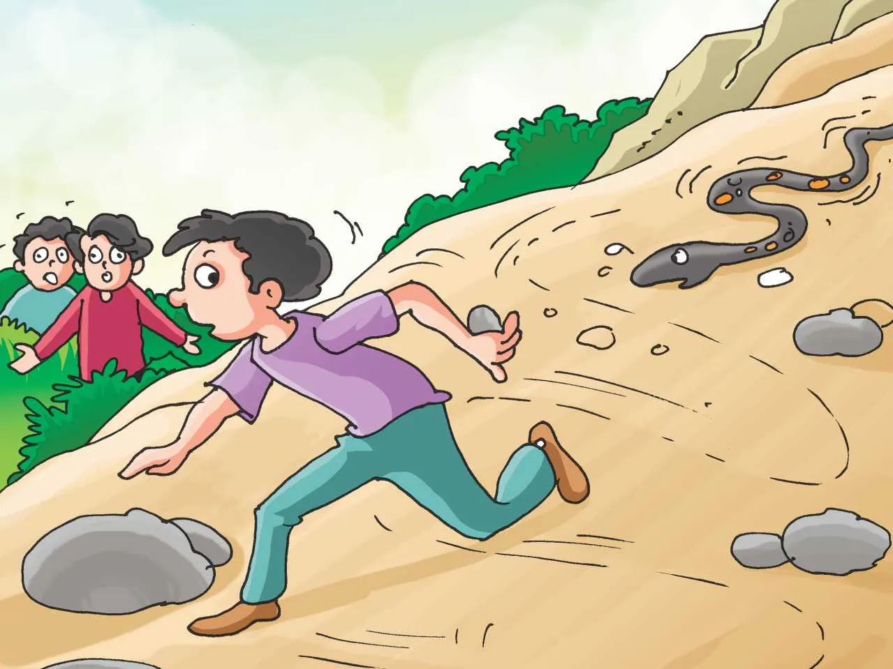 Boy chased by snake cartoon image