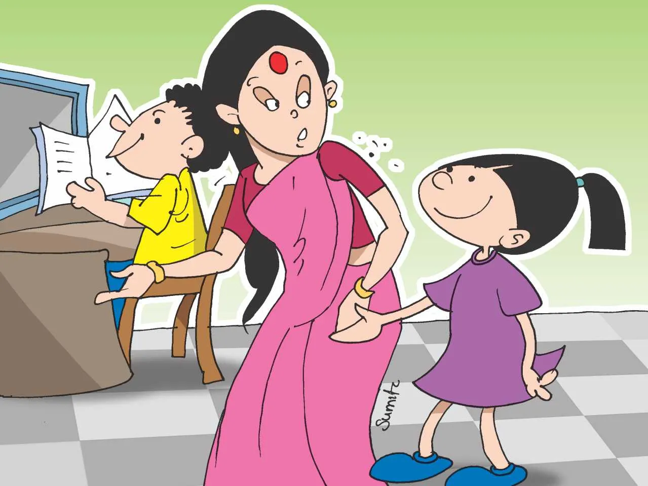 Mother with kids cartoon image