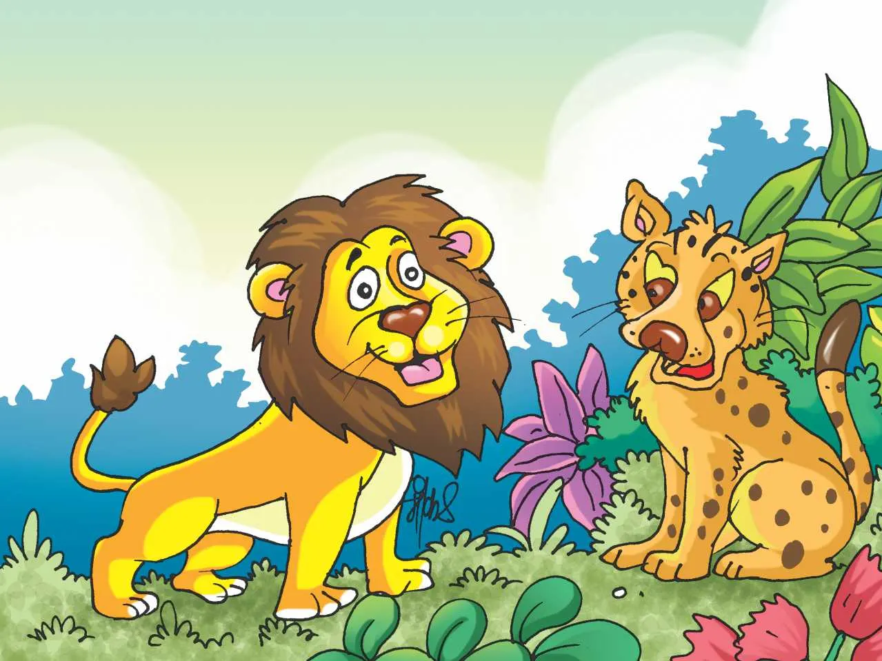 Lion and Leopard in jungle cartoon image