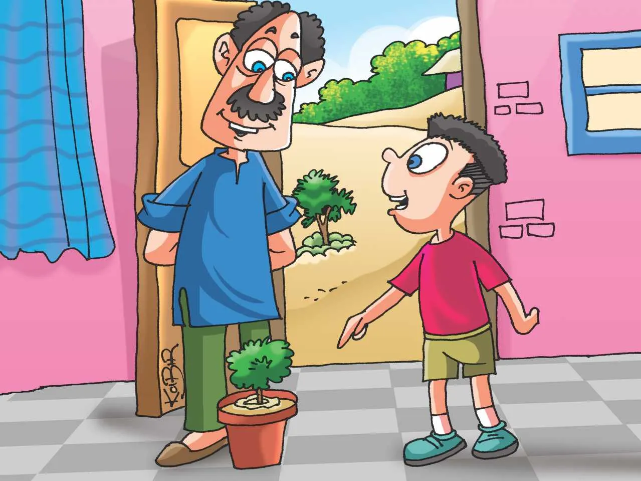 Boy with his grandfather cartoon image