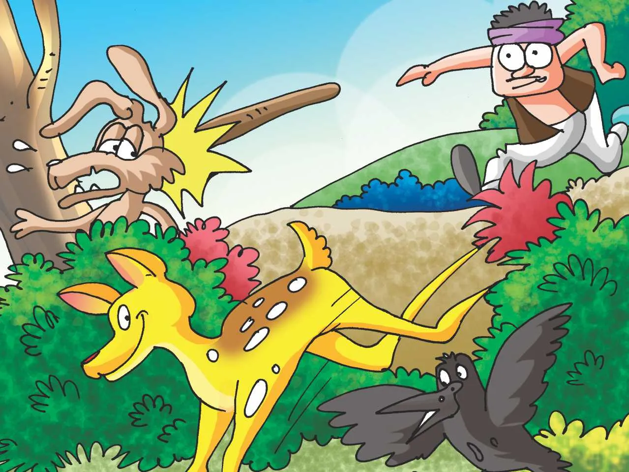 cartoon image of jackal deer and crow