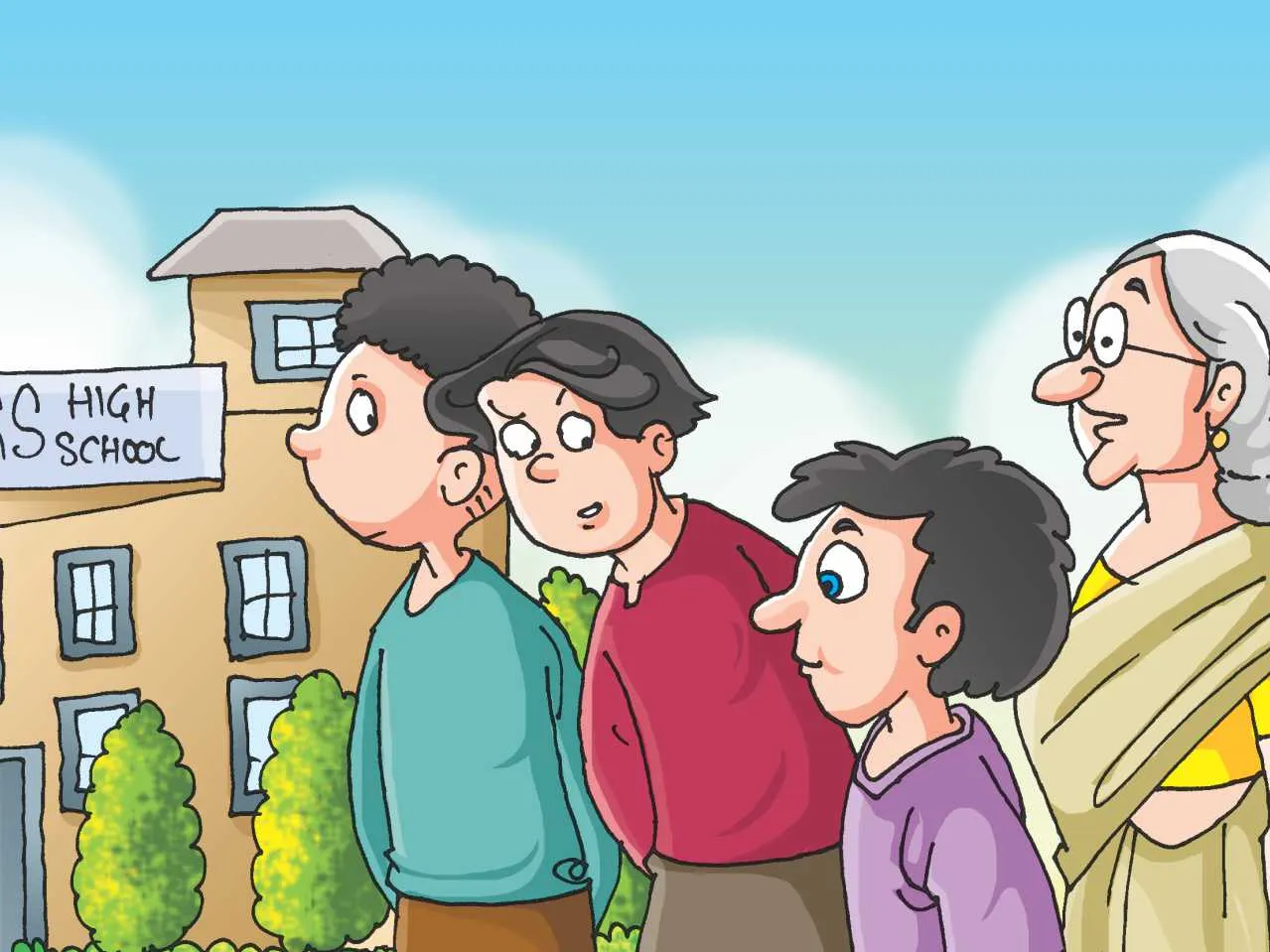 Three kids with old woman otside school cartoon image