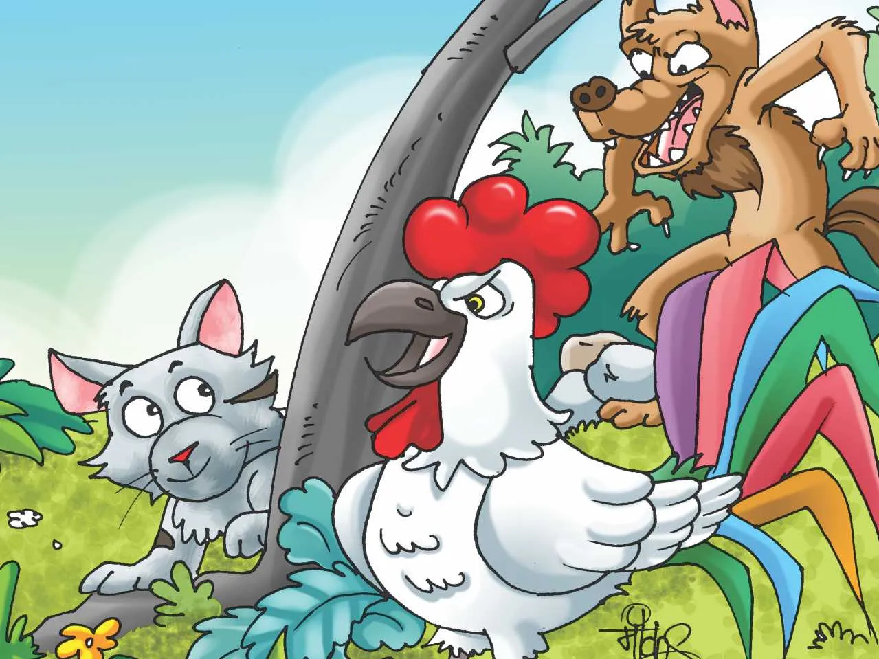 Cat, Rooster and wolf cartoon image