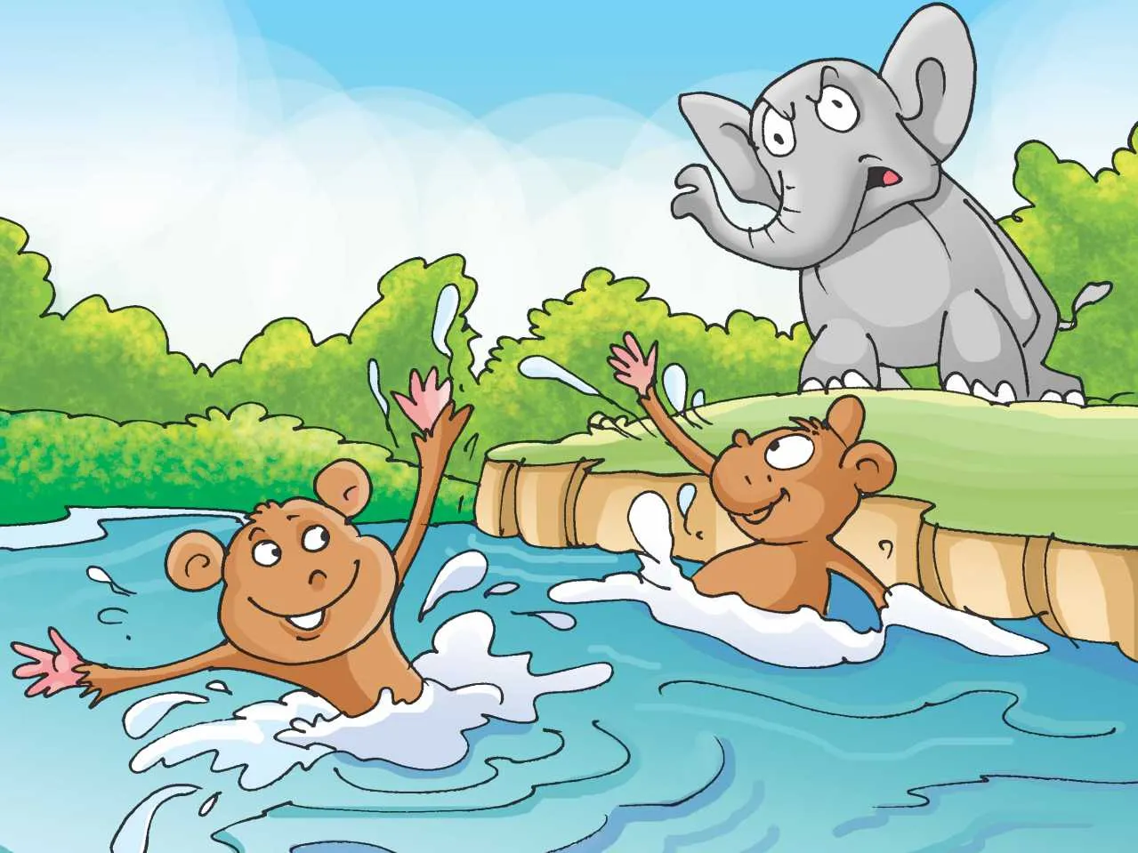 Monkey in water and elephant cartoon image
