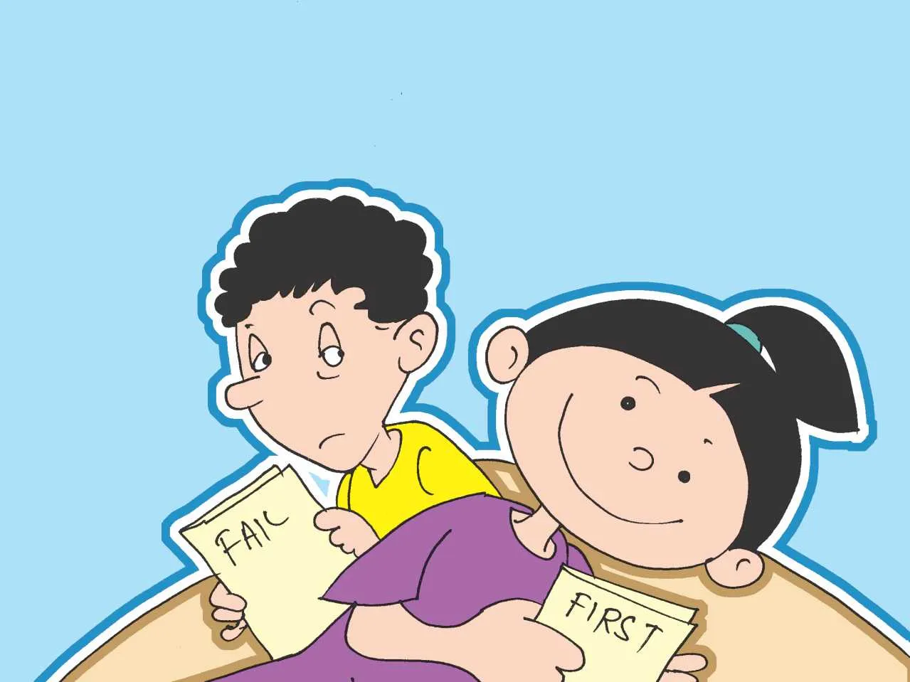 Two kids with their results cartoon image