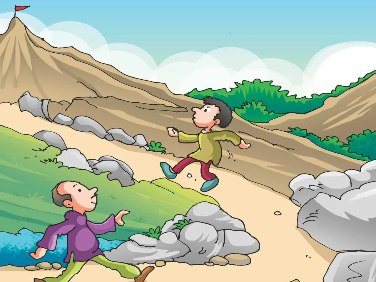 Man with his son on mountain cartoon image