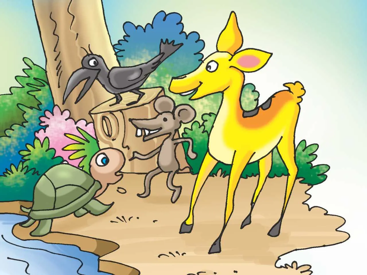 Crow, mouse, turtle and deer cartoon image