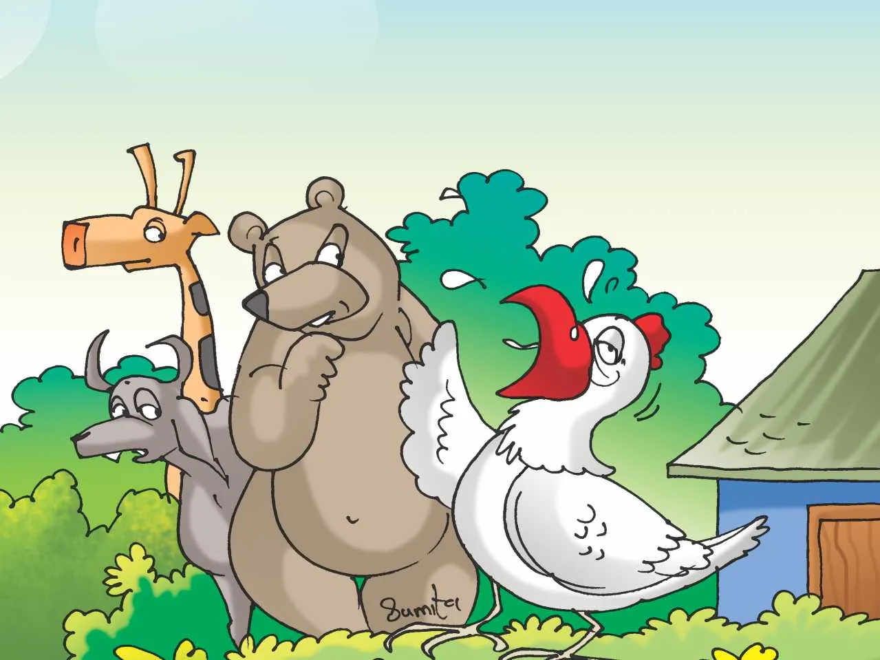 Bear, Giraffe and rooster Cartoon image
